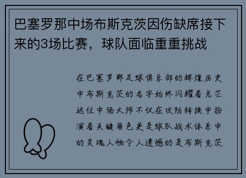 巴塞罗那中场布斯克茨因伤缺席接下来的3场比赛,球队面临重重挑战
