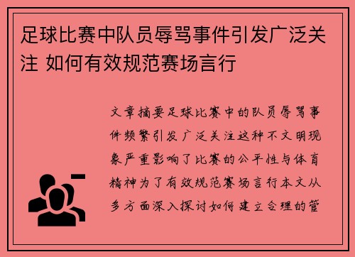 足球比赛中队员辱骂事件引发广泛关注 如何有效规范赛场言行
