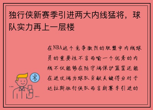独行侠新赛季引进两大内线猛将，球队实力再上一层楼