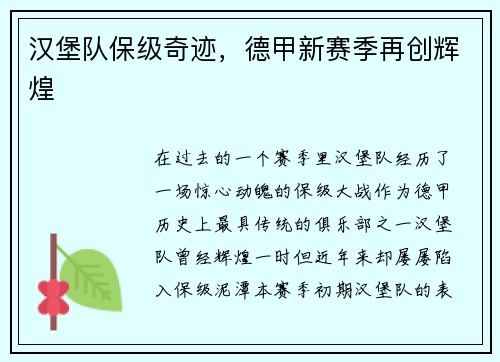 汉堡队保级奇迹,德甲新赛季再创辉煌