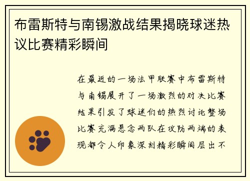 布雷斯特与南锡激战结果揭晓球迷热议比赛精彩瞬间