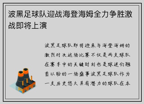 波黑足球队迎战海登海姆全力争胜激战即将上演