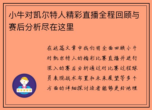小牛对凯尔特人精彩直播全程回顾与赛后分析尽在这里