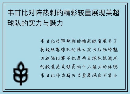 韦甘比对阵热刺的精彩较量展现英超球队的实力与魅力