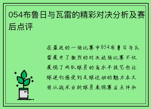 054布鲁日与瓦雷的精彩对决分析及赛后点评