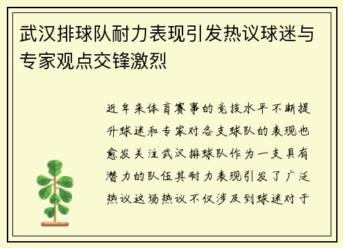 武汉排球队耐力表现引发热议球迷与专家观点交锋激烈
