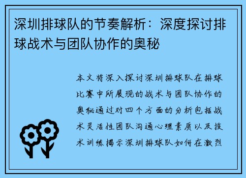 深圳排球队的节奏解析：深度探讨排球战术与团队协作的奥秘