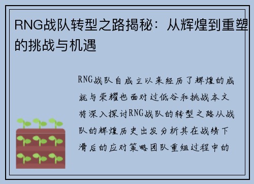 RNG战队转型之路揭秘：从辉煌到重塑的挑战与机遇