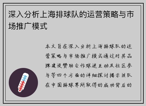 深入分析上海排球队的运营策略与市场推广模式